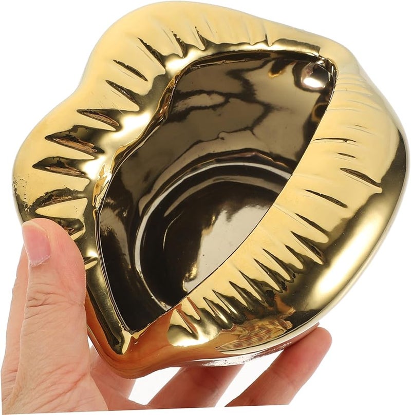 منفضة سجائر على شكل شفاه من السيراميك الذهبي بقاعدة غير قابلة للانزلاق، لتزيين المنزل أو البار المكتبي أو سطح المكتب - Image 3